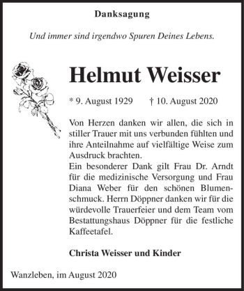 Traueranzeige von Helmut Weisser  von Magdeburger Volksstimme