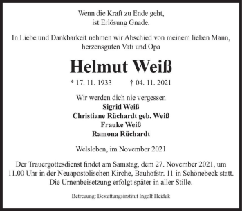 Traueranzeige von Helmut Weiß  von Magdeburger Volksstimme