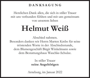 Traueranzeige von Helmut Weiß  von Magdeburger Volksstimme