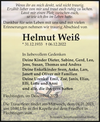 Traueranzeige von Helmut Weißs  von Magdeburger Volksstimme