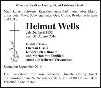 Traueranzeige von Helmut Wells  von Magdeburger Volksstimme