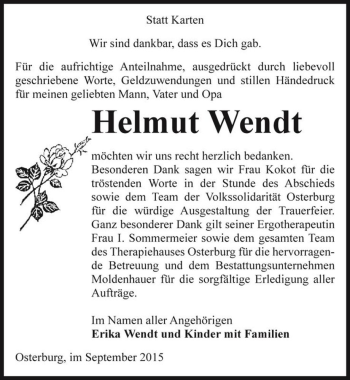 Traueranzeige von Helmut Wendt  von Magdeburger Volksstimme
