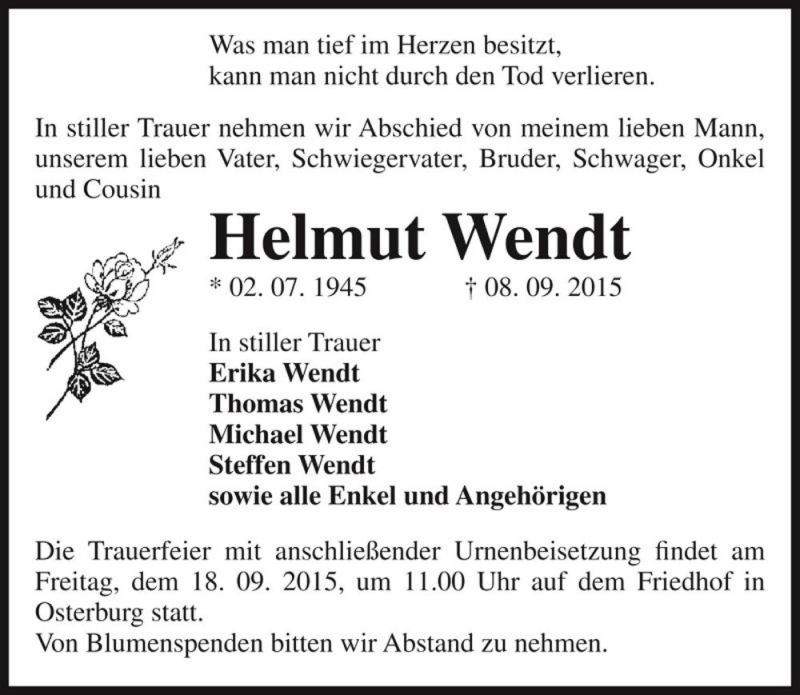  Traueranzeige für Helmut Wendt  vom 12.09.2015 aus Magdeburger Volksstimme