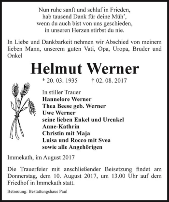 Traueranzeige von Helmut Werner  von Magdeburger Volksstimme