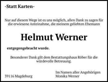 Traueranzeige von Helmut Werner  von Magdeburger Volksstimme
