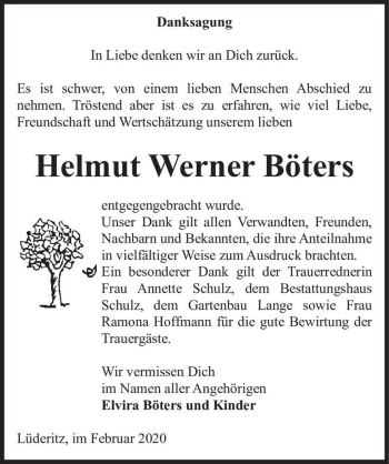 Traueranzeige von Helmut Werner Böters  von Magdeburger Volksstimme