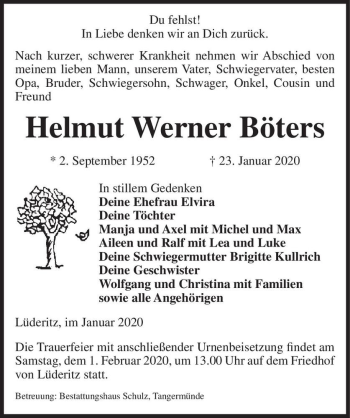 Traueranzeige von Helmut Werner Böters  von Magdeburger Volksstimme