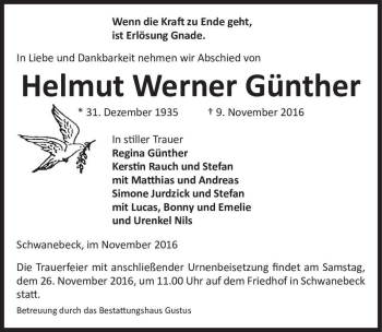 Traueranzeige von Helmut Werner Günther  von Magdeburger Volksstimme