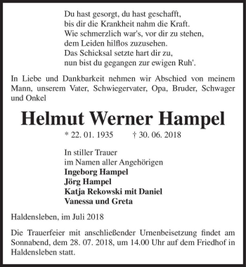 Traueranzeige von Helmut Werner Hampel  von Magdeburger Volksstimme