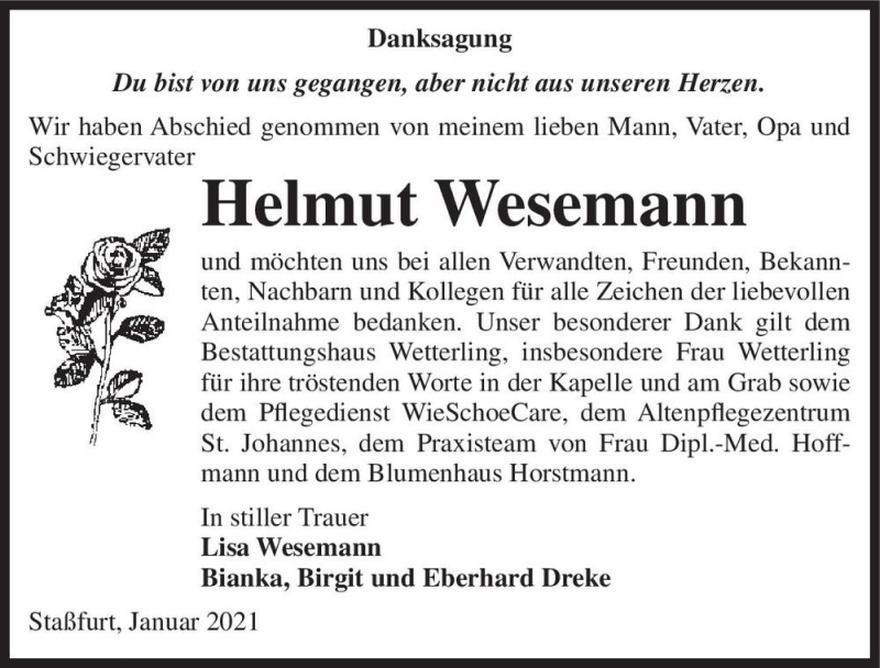  Traueranzeige für Helmut Wesemann  vom 23.01.2021 aus Magdeburger Volksstimme