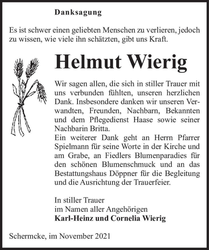  Traueranzeige für Helmut Wierig  vom 27.11.2021 aus Magdeburger Volksstimme