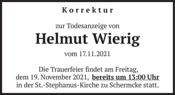 Traueranzeige von Helmut Wierig  von Magdeburger Volksstimme