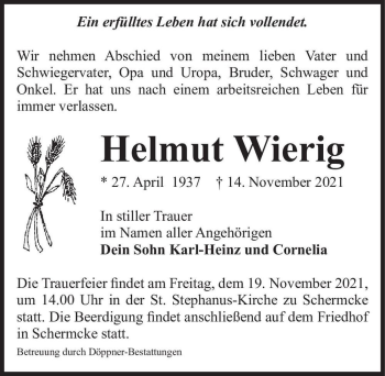 Traueranzeige von Helmut Wierig  von Magdeburger Volksstimme