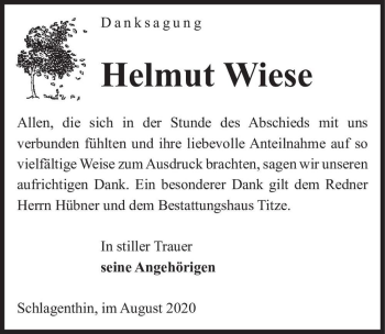 Traueranzeige von Helmut Wiese  von Magdeburger Volksstimme