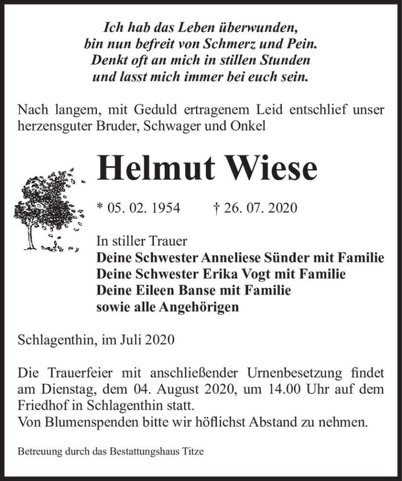  Traueranzeige für Helmut Wiese  vom 01.08.2020 aus Magdeburger Volksstimme