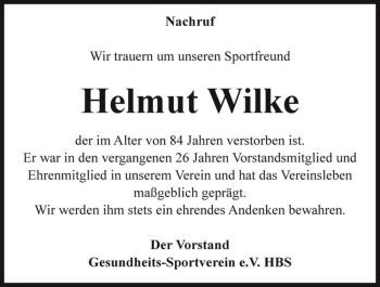 Traueranzeige von Helmut Wilke  von Magdeburger Volksstimme