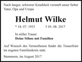 Traueranzeige von Helmut Wilke  von Magdeburger Volksstimme