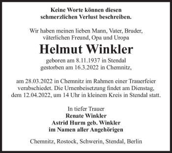 Traueranzeige von Helmut Winkler  von Magdeburger Volksstimme