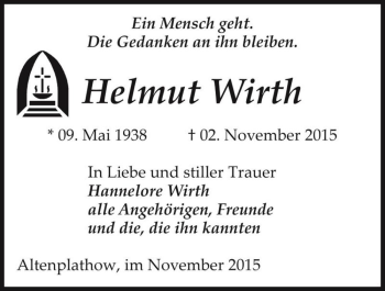 Traueranzeige von Helmut Wirth  von Magdeburger Volksstimme