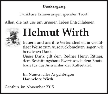 Traueranzeige von Helmut Wirth  von Magdeburger Volksstimme