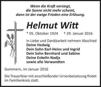 Traueranzeige von Helmut Witt  von Magdeburger Volksstimme