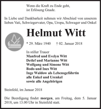 Traueranzeige von Helmut Witt  von Magdeburger Volksstimme