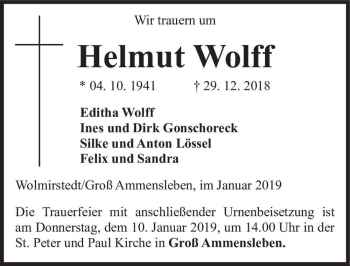 Traueranzeige von Helmut Wolff  von Magdeburger Volksstimme