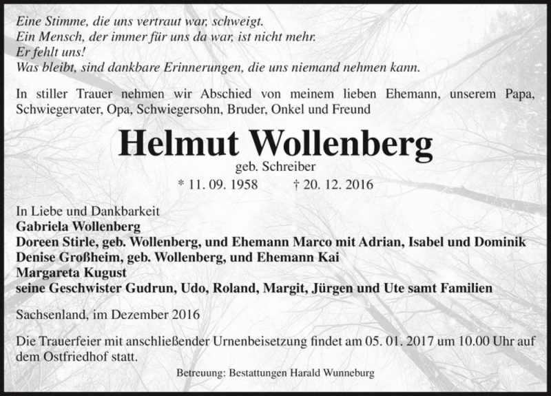  Traueranzeige für Helmut Wollenberg (geb. Schreiber)  vom 31.12.2016 aus Magdeburger Volksstimme