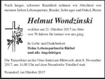 Traueranzeige von Helmut Wondzinski  von Magdeburger Volksstimme