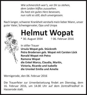 Traueranzeige von Helmut Wopat  von Magdeburger Volksstimme