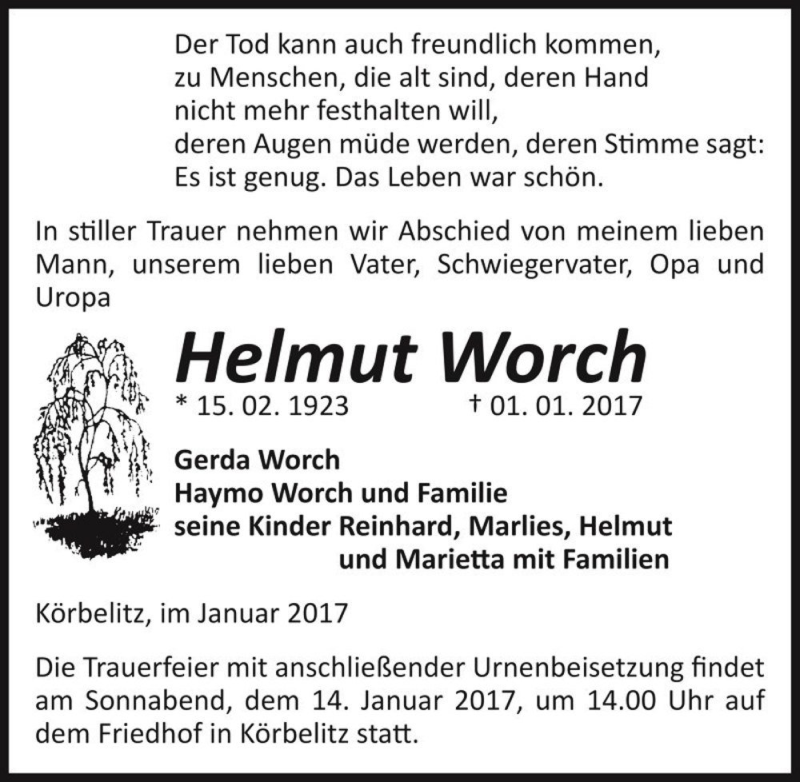  Traueranzeige für Helmut Worch  vom 04.01.2017 aus Magdeburger Volksstimme