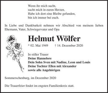 Traueranzeige von Helmut Wölfer  von Magdeburger Volksstimme