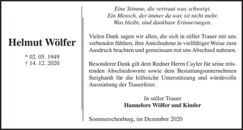 Traueranzeige von Helmut Wölfer  von Magdeburger Volksstimme