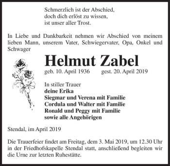 Traueranzeige von Helmut Zabel  von Magdeburger Volksstimme
