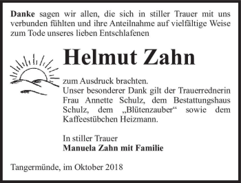 Traueranzeige von Helmut Zahn  von Magdeburger Volksstimme