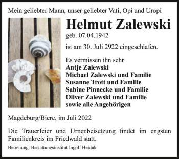 Traueranzeige von Helmut Zalewski  von Magdeburger Volksstimme