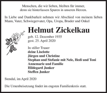 Traueranzeige von Helmut Zickelkau  von Magdeburger Volksstimme