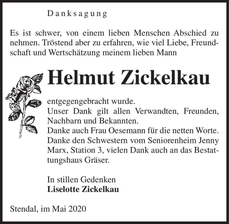  Traueranzeige für Helmut Zickelkau  vom 20.05.2020 aus Magdeburger Volksstimme