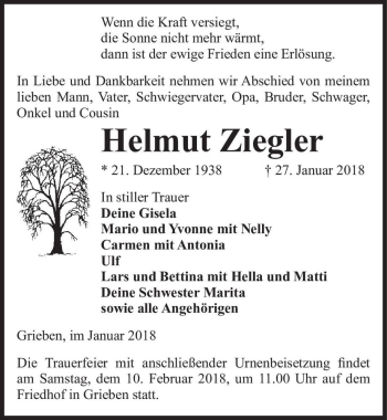 Traueranzeige von Helmut Ziegler  von Magdeburger Volksstimme