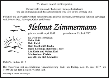 Traueranzeige von Helmut Zimmermann  von Magdeburger Volksstimme