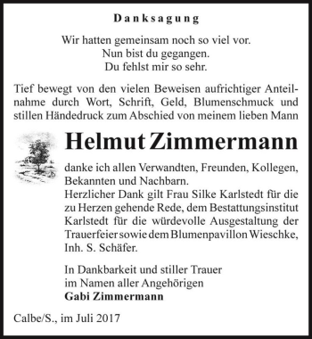 Traueranzeige von Helmut Zimmermann  von Magdeburger Volksstimme