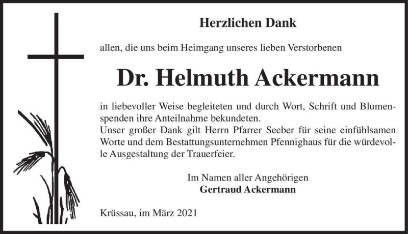  Traueranzeige für Helmuth Ackermann  vom 03.04.2021 aus Magdeburger Volksstimme