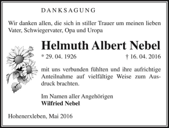 Traueranzeige von Helmuth Albert Nebel  von Magdeburger Volksstimme