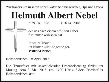 Traueranzeige von Helmuth Albert Nebel  von Magdeburger Volksstimme