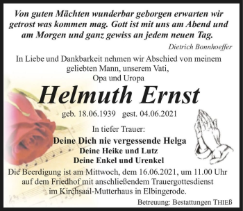 Traueranzeige von Helmuth Ernst  von Magdeburger Volksstimme