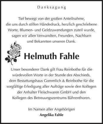 Traueranzeige von Helmuth Fahle  von Magdeburger Volksstimme