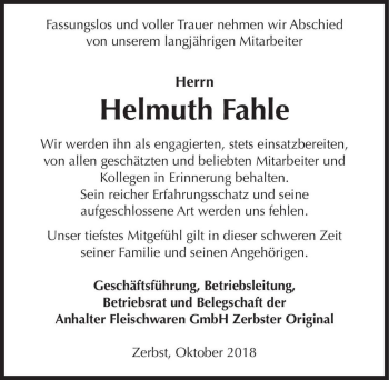 Traueranzeige von Helmuth Fahle  von Magdeburger Volksstimme