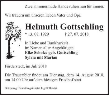 Traueranzeige von Helmuth Gottschling  von Magdeburger Volksstimme