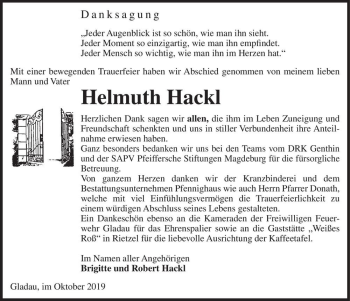 Traueranzeige von Helmuth Hackl  von Magdeburger Volksstimme