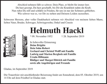 Traueranzeige von Helmuth Hackl  von Magdeburger Volksstimme